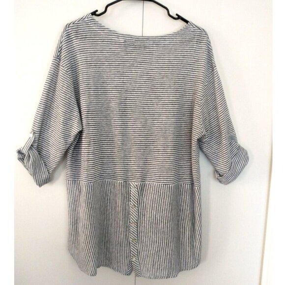 Adrienne Vittadini 100% Linen Navy White Stripes 3/4 Roll Sleeve Tunic - 1X NWT - Picture 5 of 10